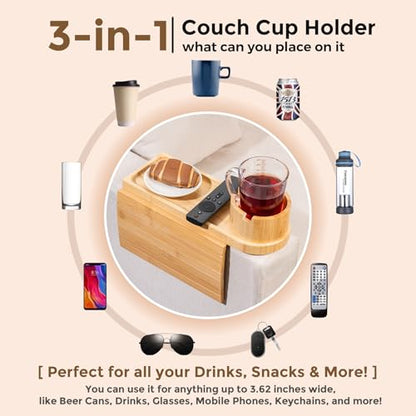 Couch Cup Holder Tray for Armrests Over 4.9" Wide, Bamboo Couch Arm Tray with 360° Rotating Phone Stand, 3 in 1 Foldable Sofa Arm Tray Table for Remote, Snacks, Phone, Drinks Natural - color: Natural Colors+bamboo