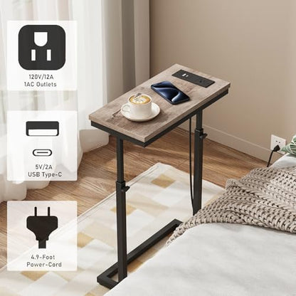 TUTOTAK End Table with Charging Station, Side Table, Tall Couch Table, Sofa Table, Living Room, Bedroom,Greige TB01BG084 - color: Greige, size: 1 Pack, style: With Plug