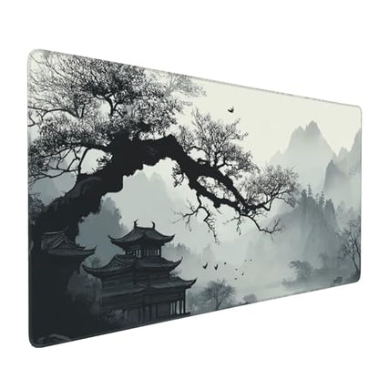 Extended Mouse Pad, Chinese Ink Painting Landscape Design, 35.4x15.7 Inches, Gaming Keyboard Pad with Stitched Edges, Anti-Slip Rubber Base - color: Ancient trees