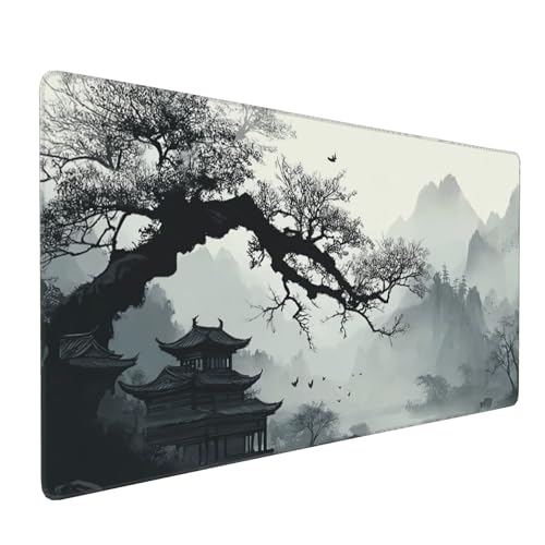 Extended Mouse Pad, Chinese Ink Painting Landscape Design, 35.4x15.7 Inches, Gaming Keyboard Pad with Stitched Edges, Anti-Slip Rubber Base - color: Ancient trees