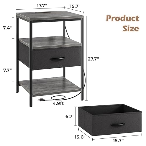 SUPERJARE Night Stand with Charger Station, 27.7 Inch Tall Nightstand with Adjustable Fabric Drawer, Bed Side Table, Fabric Drawer Dresser for Bedroom, Living Room, Charcoal Gray and Black - color: Charcoal Gray and Black, size: L (15.7"D x 17.7"W x 27.7"