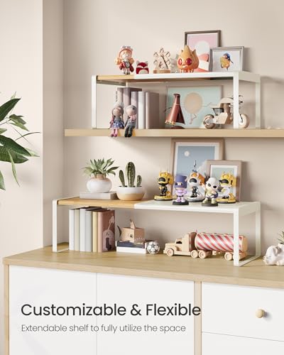 SONGMICS HOME Spice Rack, Expandable Cupboard Shelf Orgnizer, Kitchen Counter Shelf, Bamboo and Metal, Space-Saving Shelving, Stackable, Light Bamboo and Cream White UKCS052W01 - color: Light Bamboo + Cream White, size: 1 Pack