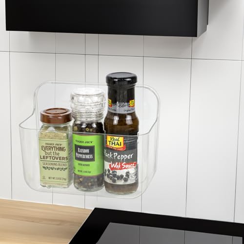 Wall Mounted Storage Organizer Bins Organizing Shelf Basket Clear Plastic Makeup Organizer Adhesive Hanging Bin Fridge Organizer for Bathroom,Kitchen,Cabinet,Pantry,Countertops (L(7×3.9×5.5")) - size: 7 × 3.9 × 5.5"