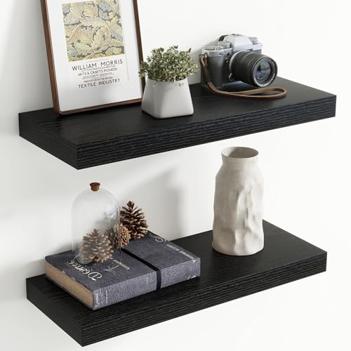 24 Inch Floating Shelves for Wall, 8 Inch Deep Floating Shelf for Storage & Display, Rustic Wall Mounted Shelf with Invisible Brackets for Living Room, Kitchen, Bathroom, Home Decor, Set of 2, Black - color: Black, size: 24 Inch, Set of 2