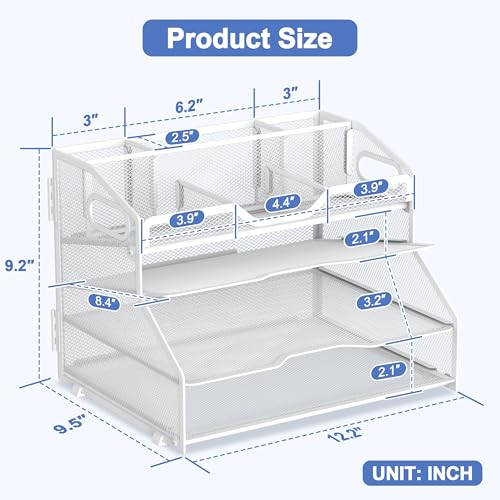 4 Tier Desk Orgnizers and Accessories, Metal Magazine File Holder with Pencil Holder and Handles, Space Saving Desk File Trays for School Office Supplies(White) - color: 4-tier-white