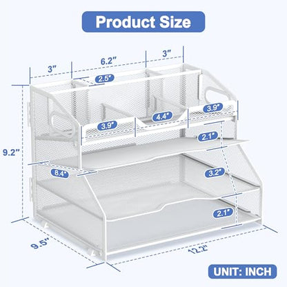 4 Tier Desk Orgnizers and Accessories, Metal Magazine File Holder with Pencil Holder and Handles, Space Saving Desk File Trays for School Office Supplies(White) - color: 4-tier-white