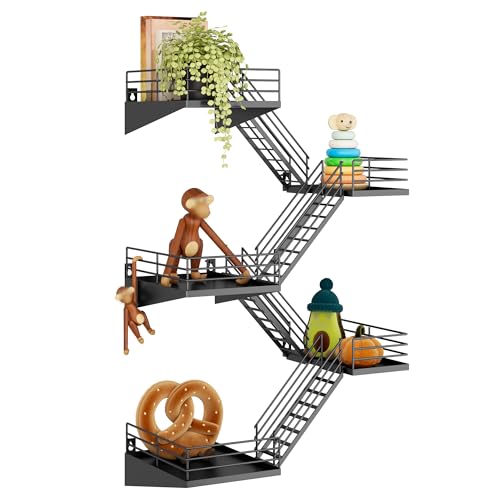 Fire Escape Shelf - 5 Tier Large Metal Black Fire Escape Wall Shelves with Baskets, New York Action Figurine Display Shelf, Unique Rustic Floating Decorative Wall Shelves for Home - color: E-black-2 5 Tier, size: 5 Tier