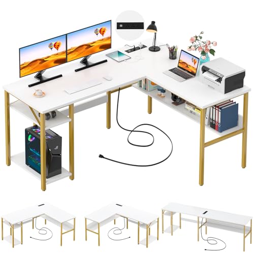 Unikito Reversible L Shaped Desk with Magic Power Outlets and USB Charging Ports, Sturdy Corner Computer Desk with Storage Shelves, Gaming Table Home Office Desk, Easy to Assemble, White and Gold - color: White and Gold