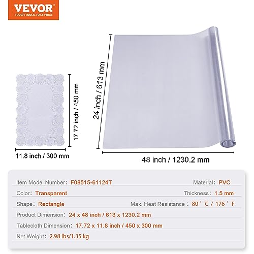 VEVOR Clear Table Cover Protector, 24" x 48"/613 x 1230.2 mm Table Cover, 1.5 mm Thick PVC Plastic Tablecloth, Waterproof Desktop Protector for Writing Desk, Coffee Table, Dining Room Table - size: 48" x 24" (Rectangular)