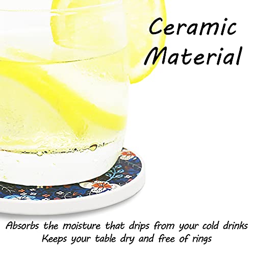 AD Set of 6 Coasters for Drinks Absorbing Round Ceramic Stone Coaster with Cork Base,Tabletop Protection Mat for Mugs and Cups,Office,Kitchen (Dark Garden with Holder) - style: Dark Garden with Holder