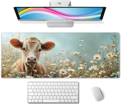 Flower and Little Cow XL Mouse Pad,Large Mouse Pad Gaming 31.5 x 11.8 in Mouse Mat Desk Pad,Extended Keyboard Mousepad Large Desk Mat with Non-Slip Rubber Base and Stitched Edge for Home Office - color: Flower and Little Cow