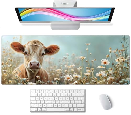 Flower and Little Cow XL Mouse Pad,Large Mouse Pad Gaming 31.5 x 11.8 in Mouse Mat Desk Pad,Extended Keyboard Mousepad Large Desk Mat with Non-Slip Rubber Base and Stitched Edge for Home Office - color: Flower and Little Cow