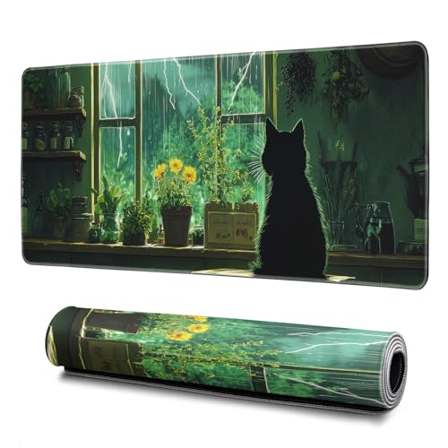 Green Black Cat Mouse Pad Abstract Green Mouse Pad 31.5x11.8 Inch Cat Texture Non-Slip Rubber Base Large Mousepad Stitched Edges Keyboard Mouse Mat Desk Pad for Office and Home - color: Green black cat