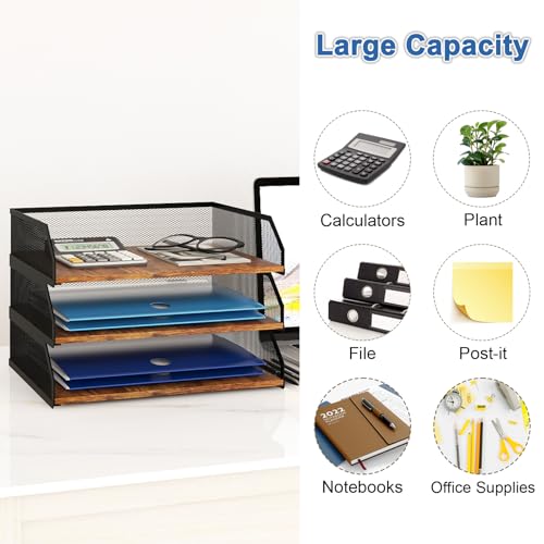 Natwind 3-Tier Stackable Metal Mesh Paper Organizer with Sliding Tray,Retro | Wooden Desk Organizer, Letter Tray For Desktop,File Holder For Home Office School Classroom Organization - size: 3 Tier
