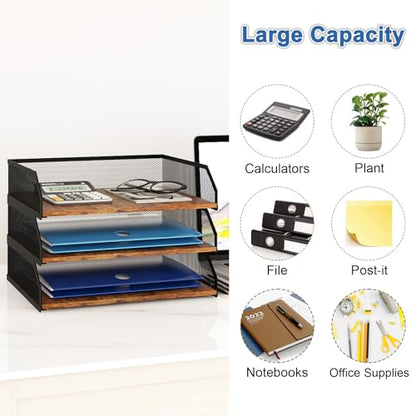 Natwind 3-Tier Stackable Metal Mesh Paper Organizer with Sliding Tray,Retro | Wooden Desk Organizer, Letter Tray For Desktop,File Holder For Home Office School Classroom Organization - size: 3 Tier