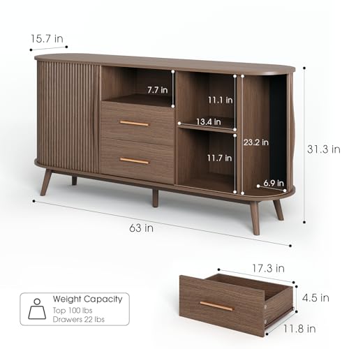 Jiansu furni,Fluted Sideboard Buffet Cabinet with Storage,63",Dining Room | Walnut Mid-Century Modern Coffee Bar Station ,Wood Accent Storage Cabinet& Credenza with Drawers,Kitchen,Living Room - color: Walnut_2 Doors&drawers