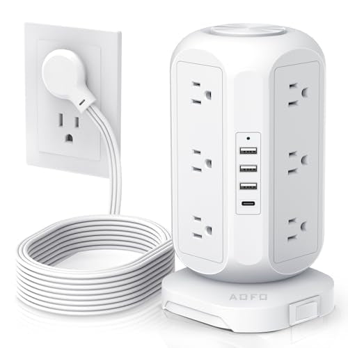 Tower Power Strip Flat Plug with 12 Outlets 4 USB(1 USB C),AOFO Power Strip Charging Station with Overload Protection, Widely Spaced Multiple Outlets 10Ft Extension Cord for Home, Dorm,Office - color: White, size: 10FT