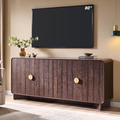 IFGET 70" Modern TV Stand for TVs Up to 80 inches, 30" Tall Entertainment Center with Storage and Adjustable Shelves, TV Console with Curved Profile Design, Media Console for Living Room, Brown - color: Brown, size: 70 "TV Stand