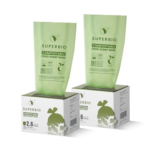 SUPERBIO 2.6 Gallon Flat Top Compostable Food Waste Bags, 100 Count, 2 Pack,9.84L, Food Scrap Bags, BPI Certified and OK compost INDUSTRIAL - color: 2.6 Gallon Flat Top, 200 Count (2 Pack)