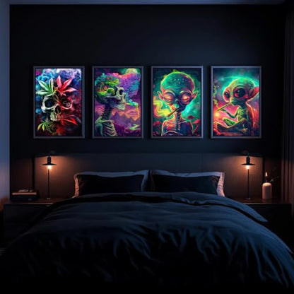GlowDots Alien Wall Art Set of 4, Psychedelic Skull Posters, Trippy Neon Art Prints, Futuristic Space Room Decor for Bedroom, Dorm, Gaming Room(Unframed)