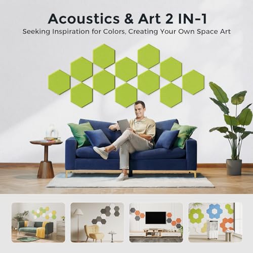 Self-Adhesive Acoustic Panels [390 lbs/yd³ Ultra-High Density], 2nd Generation Sound Absorbing Panel, Professional Level Sound Panel, Polyester Soundproof Foam [Medium Hexagon, Fruit Green] - color: Fruit Green, size: Medium Hexagon (12''x10''x0.4'')