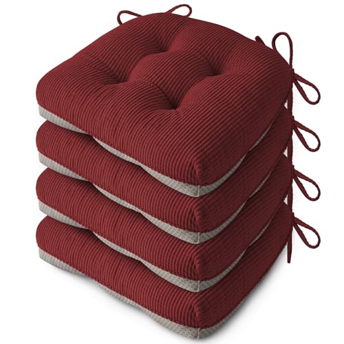 Indoor Kitchen Chair Cushions Set of 4 18"X16.5"X3" Soft Anti Slip Dining Chair Pads Tufted Kitchen Seat Cushion with Ties, Red - color: Red