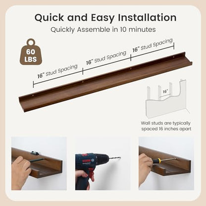 FLYJOE Picture Ledge Wall Shelves - Set of 3, 56 inches Width, Solid Pine Wood Rustic Floating Ledge Shelves for Kids' Room, Bedroom, Kitchen, Bathroom, Walnut - color: Walnut, size: 56'', set of 3
