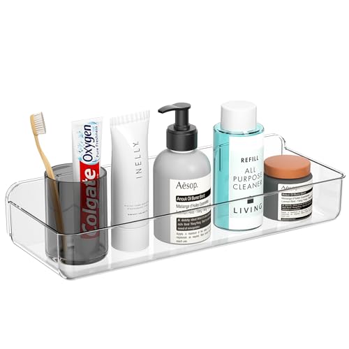 ZEXALOR Wall Mounted Storage Organizer Bins Organizing Shelf Basket Clear Plastic Makeup Organizer Adhesive Hanging Bin Fridge Organizer for Bathroom,Kitchen,Cabinet,Pantry,Countertops (13.7×5×2.7”) - size: 13.7 × 5 × 2.7"