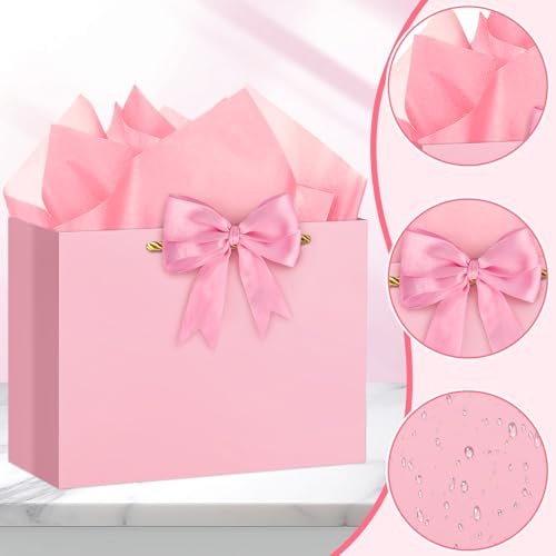 Hooqict Pink Gift Bag Large Birthday Gift Bags with Handles, 1 Ribbon, 4 Tissue Paper, 2 Greeting Cards for Women Girls Anniversary Wedding Baby Shower Valentines Galentines Mothers Day Presents - color: Pink