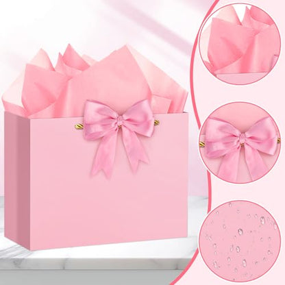 Hooqict Pink Gift Bag Large Birthday Gift Bags with Handles, 1 Ribbon, 4 Tissue Paper, 2 Greeting Cards for Women Girls Anniversary Wedding Baby Shower Valentines Galentines Mothers Day Presents - color: Pink