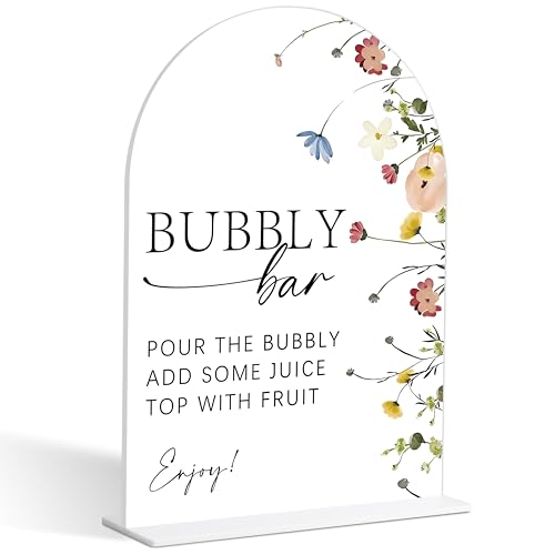 Bubbly Bar Sign, Flower Style Bubbly Bridal Shower Sign for Wedding, Engagement, Bridal Shower and Reception, Bridal Shower Decorations, Wedding Shower Favors, 6X8 Inch Acrylic Arch Sign with Stand,28 - color: Bubbly Bar,28