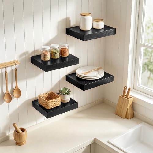 RICHFOCUS 8 Inch Floating Shelves for Wall Small Square Shelves Set for Bedroom|Kitchen|Bathroom|Laundry Room Rustic Wood Wall Mounted Shelf with Invisible Brackets for Books|Storage|Decor, Black - color: Black, size: 8"L x 8"D, Set of 4