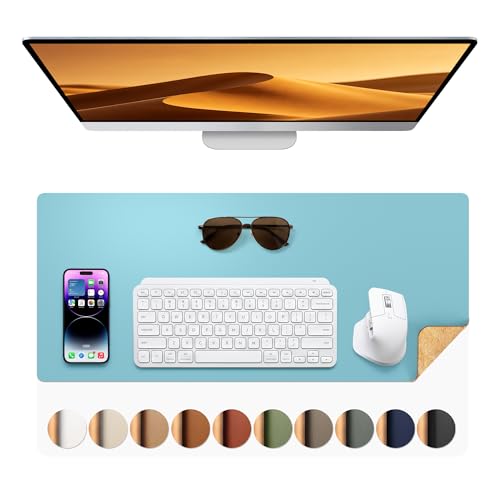 Aothia Double-Sided Desk Pad – 25.6"x13.7" Large Mouse Pad, Leather Desk Mat with Eco Cork Protector, Waterproof Desk Blotter for Office/Home (Blue Topaz) - color: Blue Topaz+cork, size: 25.6" x 13.7"