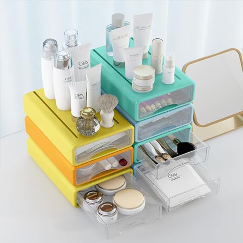 Desk Organizer with Drawers, Stackable Storage Drawers with Compartments Desktop Organization for Office Supplies, Makeup, Pencils, Tape, Erasers, Paperclips, Chargers (4 Pack) - color: Orange+Green+Yellow+Grey