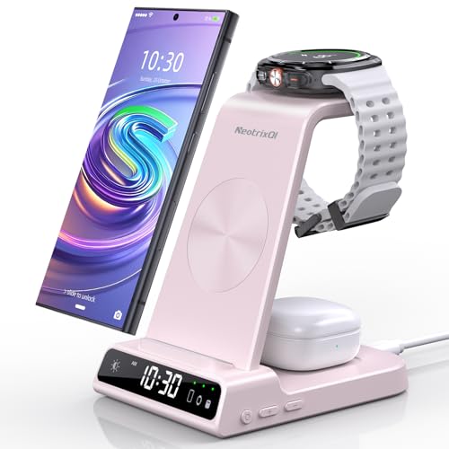 Wireless Charger for Samsung Charging Station: 3 in 1 Android Charging Stand with Dimmable Clock - Nightstand Organizer for Galaxy S25 Ultra, Galaxy Watch 8 7 6 5 4, Galaxy Buds (Not for iWatch) - color: Pink