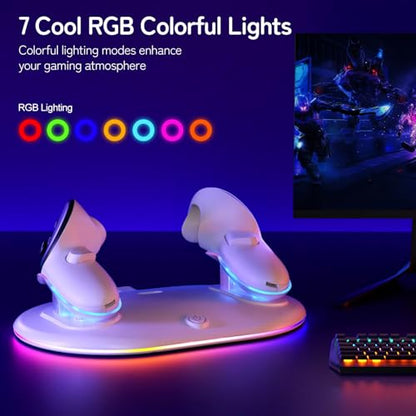 Compact Charging Dock for Meta Quest 3/3s/2 Controllers with RGB Light, VR Accessories Display Stand & Wireless Charging Station for Oculus Controllers with Rechargeable Batteries (2100mAh*2)