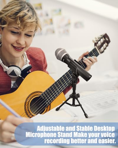 Desktop Mic Stand Portable Foldable Tripod with Mic Clip Holder and 5/8" Male to 3/8" Female Screw Adjustable Microphone Stand.