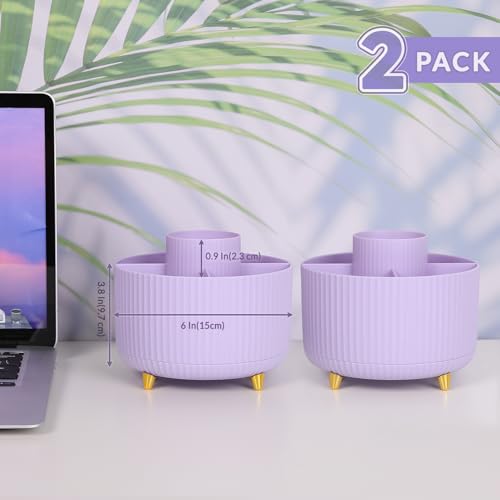 SKYDUE 2 Pack Pen Holder, 360 Degree Rotating Pencil Holder for Desk Organizer, Rotating Desktop Pen Organizer with 5 Slots, Office Supplies, Pencil Cup for Office, School, Home - color: Purple_2Pack