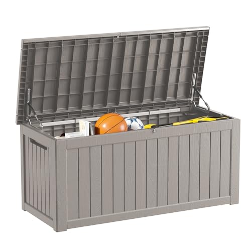 Outdoor Storage Box Waterproof, 270 Gallon Lockable Resin Deck Box Large, Patio Storage Bin for Pool Accessories Cushion Furniture, Garden Tools, UV-Resistant Outside Delivery Grey - color: Grey, size: 270 Gallon