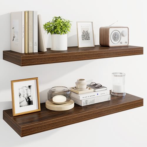 Marsmiles 30" Floating Shelves for Wall, Wooden Shelves with Invisible Brackets Set of 2, Rustic Farmhouse Wall Mounted Shelf for Kitchen Bathroom Living Room Study, Walnut - color: Walnut, size: 30"