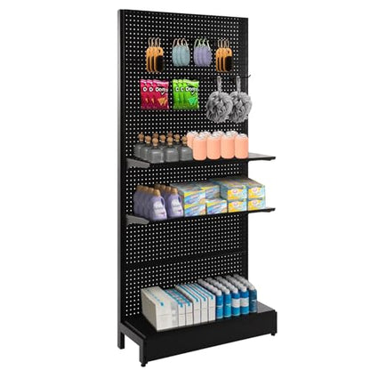 NectaCol Pegboard Display Stand, Gondola Retail Shelving Wall Display for Convenient Grocery Office Supply or Liquor Stores, Single Side Peg Board Panels, Extra 20 Hooks, No Including 4 Shelves - size: 1 Unit - Single Side - Black