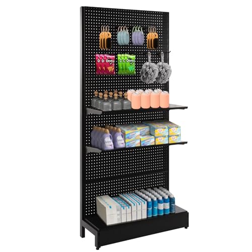 NectaCol Pegboard Display Stand, Gondola Retail Shelving Wall Display for Convenient Grocery Office Supply or Liquor Stores, Single Side Peg Board Panels, Extra 20 Hooks, No Including 4 Shelves - size: 1 Unit - Single Side - Black