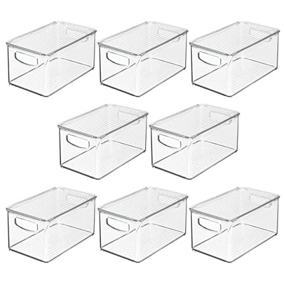 mDesign Deep Plastic Bathroom Storage Bin Box, Lid/Built-in Handles, Organization for Makeup, Hair Styling Tools, Toiletry Accessories in Cabinet, Shelves, Ligne Collection, 8 Pack, Clear