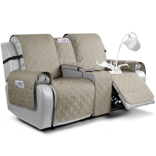 VANSOFY Loveseat Recliner Cover with Console 100% Waterproof Sofa Slipcovers Non-Slip Reclining Couch Cover Split Sofa Covers Furniture Protector for Pets, Dogs（Khaki） - color: Khaki
