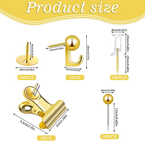 310 Pcs Gold Push Pins Set Thumb Tacks Decorative Push Pins for Cork Board with Push Pin Hook Pushpin Clip 5 Style Office Accessories for Cork Board Map Office (Gold) - color: Gold