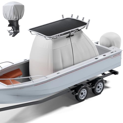 1200D Heavy Duty Waterproof T-Top Boat Center Console Cover with Motor Cover, Thick Tear-Resistant Marine Grade Polyester for T-Top Boat Center Console and Helm, 95" L x 59" W x 72" H, Gray - color: Gray, size: 95" L x 59" W x 72" H