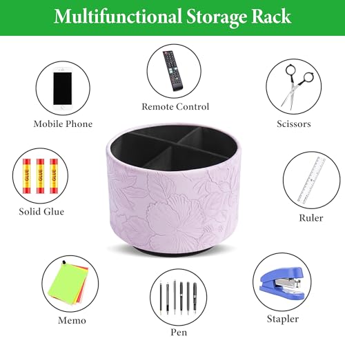 Round Leather Art Supply Organizer,Remote Control Holder,360 Degree Spinning,Multi-Functional Pencil Holder,4 Compartments Desktop Stationary Organizer(1-Carved Purple) - color: 1-Carved Purple