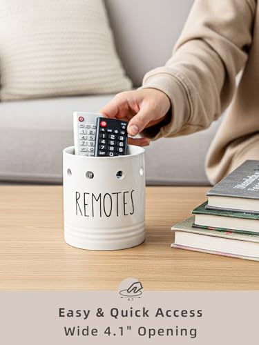 LEETOYI Farmhouse Ceramic Remote Control Holder, 4.9" Remote Caddy Storage White