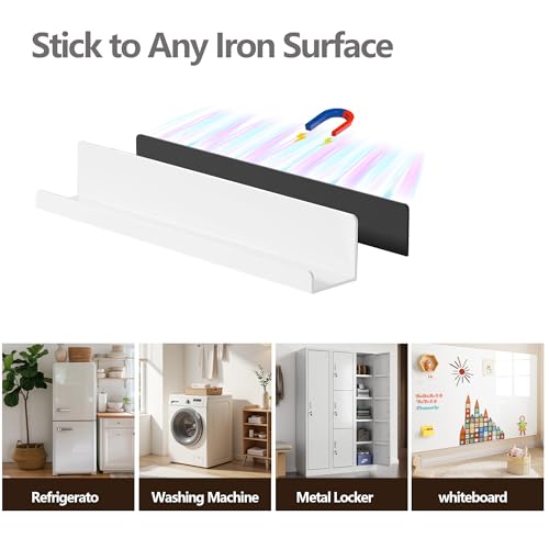 2 Pack Magnetic Bookshelf for Whiteboard, 17 Inch Heavy Duty Metal Shelf Holds 12.5 lbs, White Magnetic Book Display Shelf for Classroom, Office, Kitchen