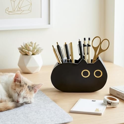 MALLMALL6 Black Cat Pencil Holder - Back to School Wooden Pen Holder, 2 Compartments Kitten Shaped Caddy Case Gifts for Kid Students Pet Lover, Desktop Storage Organizer for Classroom Office Decor - style: Black Cat